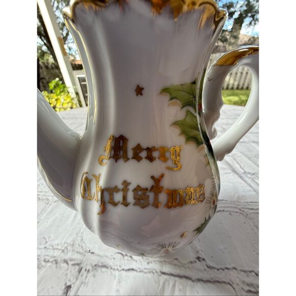 Vintage Norcrest Fine China Merry Christmas Formal Teapot Holly Holiday Print - Picture 4 of 16